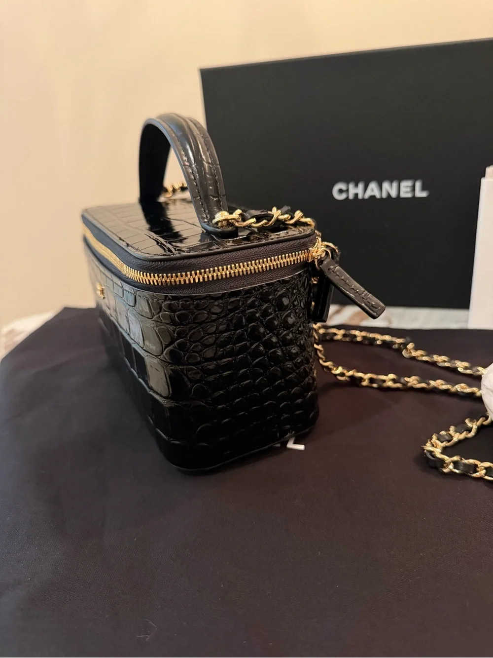 CHANEL Black Croc-Embossed Vanity Box Bag with Gold Hardware new with box